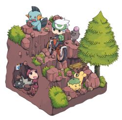  1boy angry bandana bicycle brendan_(pokemon) commentary_request faux_figurine female isometric jagged_pass marshtomp nature numel pokemon pokemon_(creature) pokemon_emerald pokemon_rse poochyena riding rock spoink surprised team_magma team_magma_grunt tree ueshita 