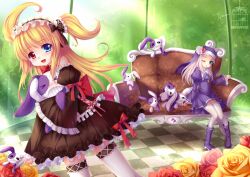  &gt;_&lt; 2girls bad_id bad_pixiv_id blonde_hair blue_eyes blush boku_wa_tomodachi_ga_sukunai boots closed_eyes couch cross dress flower gothic_lolita grandia_bing grey_hair habit hasegawa_kobato heterochromia jewelry lolita_fashion long_hair multiple_girls necklace nun one_eye_closed rabbit rose sitting standing stuffed_toy takayama_maria thighhighs zettai_ryouiki 