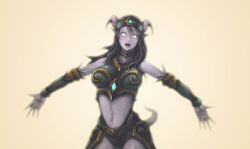  armor bad_id bad_pixiv_id breasts draenei female highres horns long_hair looking_at_viewer open_mouth outstretched_arms photoshop_(medium) player_character_(wow) purple_hair rebe11 simple_background solo spread_arms tail warcraft world_of_warcraft yellow_background 