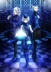  1boy 2girls bare_shoulders book card checkered_floor commentary_request dress elizabeth_(persona) gloves hat margaret_(persona) mkmk821 multiple_girls pantyhose persona persona_3 persona_4 short_hair siblings sleeveless sleeveless_dress theodore_(persona) white_hair yellow_eyes 