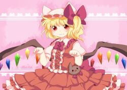  adapted_costume arms_up bad_id bad_pixiv_id blonde_hair bow bowtie buttons dress_shirt eyelashes female flandre_scarlet frills frown hairbow hammer_(sunset_beach) hat hat_with_ears lace looking_at_viewer outline paw_pose pink_background red_eyes shirt short_hair short_sleeves side_ponytail skirt solo striped striped_background stuffed_animal stuffed_toy sweatdrop touhou vest wings 