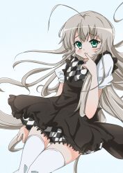  ahoge bad_id bad_pixiv_id checkered dress female finger_in_own_mouth green_eyes grey_hair haiyore!_nyaruko-san huge_ahoge long_hair nyarlathotep_(nyaruko-san) s4-ken thigh_gap thighhighs 