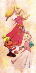  3girls belt black_eyes blonde_hair blue_eyes bracelet chichi_band commentary_request crossed_arms dress hat instrument jewelry long_dress long_hair lyre multiple_girls multiple_persona pointy_ears princess_zelda scarf smile tetra the_legend_of_zelda the_legend_of_zelda:_ocarina_of_time the_legend_of_zelda:_skyward_sword the_legend_of_zelda:_the_wind_waker young_zelda 