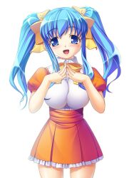  anna_miller aqua_hair blue_eyes breast_press breasts female kirin_kakeru large_breasts orange_skirt photoshop_(medium) skirt waitress 