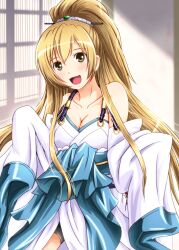  blonde_hair brave_10 breasts cleavage commentary_request cosplay diesel-turbo female isanami isanami_(cosplay) long_hair medium_breasts minami-ke minami_haruka satou_rina solo voice_actor_connection yellow_eyes 