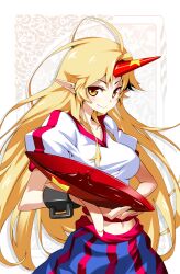  blonde_hair commentary_request cuffs cup female hong_(white_spider) horns hoshiguma_yuugi long_hair looking_at_viewer midriff navel photoshop_(medium) pointy_ears sakazuki shirt single_horn smile solo star_(symbol) touhou very_long_hair yellow_eyes 