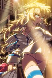  anger_vein blonde_hair blue_eyes blue_thighhighs female frown glasses glowing glowing_eyes halo holding impossible_clothes jacket long_hair lowres masinhwangje no_pants panties parted_bangs photoshop_(medium) purple_panties quartermaster_knight red_hair shirt side-tie_panties solo striped_clothes striped_thighhighs sword_girls thighhighs underwear unworn_jacket vernika_answer walking white_thighhighs 