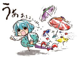  blue_hair chibi commentary_request dress female holding karakasa_obake o_o okome_(kome_kuma) open_mouth purple_umbrella running solid_circle_eyes solo spinning tatara_kogasa tears tongue touhou translation_request umbrella 