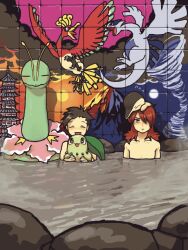  2boys bath bird black_hair chikorita cyndaquil ethan_(pokemon) ho-oh leaf lugia meganium moiko multiple_boys pagoda pokemon pokemon_(creature) pokemon_hgss red_hair silver_(pokemon) smile tegaki water 