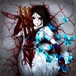  alice alice:_madness_returns alice_(wonderland) alice_in_wonderland alternate_form american_mcgee&#039;s_alice blood dress guro highres knife red_eyes red_sclera 