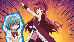  2girls blue_eyes blue_hair blush commentary_request emphasis_lines g3pen haiyore!_nyaruko-san henshin kamen_rider kitamura_eri long_hair magical_girl mahou_shoujo_madoka_magica mahou_shoujo_madoka_magica_(anime) miki_sayaka mitakihara_school_uniform multiple_girls open_mouth parody photoshop_(medium) red_eyes red_hair sakura_kyoko sakura_kyoko_(magical_girl) school_uniform short_hair standing voice_actor_connection yasaka_mahiro 