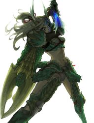  armor commentary_request female grey_eyes horns long_hair midriff monster_hunter_(character) monster_hunter_(series) monster_hunter_portable_3rd navel panties pr_(puru) simple_background solo sword underwear weapon white_background white_hair white_panties zinogre_(armor) 