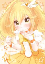  blonde_hair blush bow choker commentary_request cure_peace female hair_flaps hair_ornament highres long_hair magical_girl photoshop_(medium) ponytail precure skirt smile_precure solo tears v wrist_cuffs yayoi_kise yellow_bow yellow_choker yellow_eyes yellow_skirt yellow_theme yukiu_con 