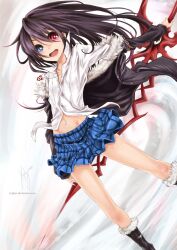  1boy bellezza_felutia black_hair blue_eyes boots borrowed_character commentary flat_chest heterochromia highres jacket ks_(xephyrks) long_hair male_focus midriff navel original otoko_no_ko photoshop_(medium) red_eyes shirt skirt solo sword weapon 