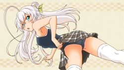  050411285aura armpits bad_id bad_pixiv_id dutch_angle female finger_in_own_mouth green_eyes haiyore!_nyaruko-san long_hair looking_back nyarlathotep_(nyaruko-san) plaid plaid_skirt school_swimsuit skirt swimsuit swimsuit_under_clothes thighhighs white_hair 