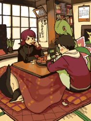  2boys black_hair calendar_(object) eating ethan_(pokemon) food fruit handheld_game_console indoors kotatsu mandarin_orange meganium moiko multiple_boys nintendo_ds nintendo_dsi pikachu pokemon pokemon_(creature) pokemon_hgss red_hair silver_(pokemon) sitting table tatami tegaki translated typhlosion 