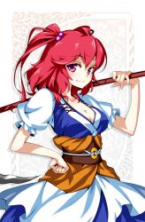  blush breasts cleavage commentary_request female hair_bobbles hair_ornament hand_on_own_hip hong_(white_spider) large_breasts onozuka_komachi photoshop_(medium) polearm red_eyes red_hair scythe short_hair smile solo touhou two_side_up weapon 