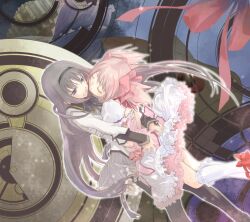  2girls akemi_homura akemi_homura_(magical_girl) black_hair black_pantyhose blue_eyes bow closed_eyes commentary_request gauntlets gears hairband hairbow hug kaname_madoka kaname_madoka_(magical_girl) long_hair magical_girl mahou_shoujo_madoka_magica mahou_shoujo_madoka_magica_(anime) md5_mismatch multiple_girls nasuo224 open_mouth pantyhose pink_hair pink_skirt shirt short_hair skirt twintails 