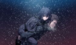  1boy black_eyes black_hair blood breath brown_hair carrying female game_cg highres koyama_hirokazu kuonji_alice mahou_tsukai_no_yoru piggyback shizuki_soujuurou short_hair snowing 