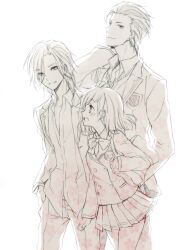  2boys brothers commentary_request cuteg female habataki_academy_school_uniform height_difference monochrome multiple_boys photoshop_(medium) protagonist_(tokimemo_gs3) sakurai_kouichi sakurai_ruka school_uniform sepia short_hair siblings simple_background skirt tokimeki_memorial tokimeki_memorial_girl&#039;s_side tokimeki_memorial_girl&#039;s_side_3rd_story walking white_background 