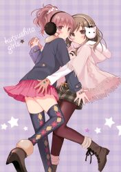  2girls absurdres argyle argyle_legwear coat copyright_request earmuffs gloves hand_holding highres holding_hands multiple_girls pan_(mimi) pantyhose parka skirt thighhighs 