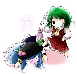  2girls blue_hair blush chibi commentary_request food fruit giving_up_the_ghost green_hair hat highres hinanawi_tenshi kazami_yuuka long_hair lying masochism multiple_girls o_o on_stomach peach photoshop_(medium) short_hair solid_circle_eyes touhou umbrella wavy_mouth yume_shokunin 