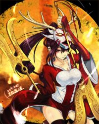  akali akali_(legacy) antlers beancurd black_hair black_thighhighs blood_moon_(league_of_legends) blood_moon_akali breasts cleavage commentary female highres horns large_breasts league_of_legends long_hair mask ponytail red_eyes solo thighhighs weapon 