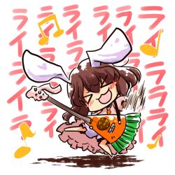  &gt;_&lt; :d animal_ears brown_hair carrot chibi closed_eyes commentary_request female guitar inaba_tewi instrument musical_note okome_(kome_kuma) open_mouth rabbit_ears smile solo standing standing_on_one_leg touhou 