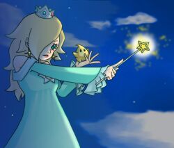  blonde_hair blue_eyes chiko_(mario) crown dress earring earrings jewelry luma mario_(series) night nintendo princess_rosaline rosalina_(mario) rosetta_(mario) sky super_mario_bros. super_mario_galaxy wand 