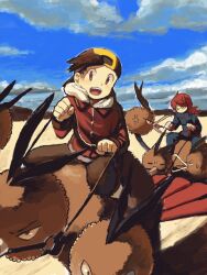  2boys angry backwards_hat baseball_cap black_hair blue_sky cloud day dodrio ethan_(pokemon) hat moiko multiple_boys open_mouth outdoors pokemon pokemon_(creature) pokemon_hgss red_hair riding riding_pokemon silver_(pokemon) sky tegaki 