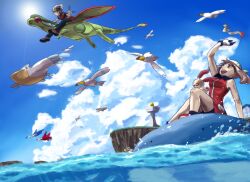  1boy alternate_costume bandana blue_sky brendan_(pokemon) brown_hair chimecho cloud commentary_request day female flygon flying gloves green_wings latias latios may_(pokemon) minun ocean pelipper photoshop_(medium) plusle pokemon pokemon_(creature) pokemon_emerald pokemon_rse riding riding_pokemon sky sky-sky surfing wailmer wings wingull 