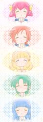  5girls :o aoki_reika blonde_hair blue_hair blush bow closed_eyes commentary_request drill_hair green_hair hair_ornament hairband hairbow hairclip highres hino_akane_(smile_precure!) hoshizora_miyuki incoming_kiss kore_wa_zombie_desu_ka? midorikawa_nao multiple_girls parody pink_hair ponytail precure rainbow_order red_hair school_uniform smile_precure twin_drills twintails voice_actor_connection white_hairband yayoi_kise yoshimi50 