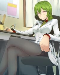  absurdres alternate_costume bakuya bespectacled black_pantyhose breasts buttons chair closed_labcoat commentary_request contemporary crossed_legs desk doctor female flower glasses green_hair highres indoors kazami_yuuka lab_coat light_smile medium_breasts necktie pantyhose pen pencil_skirt photoshop_(medium) red_eyes ruler short_hair sitting skirt solo sunflower touhou 