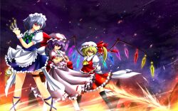  3girls apron bat_wings black_thighhighs blonde_hair blue_hair commentary_request crossed_arms dress flandre_scarlet frills grey_hair grin hat highres holster izayoi_sakuya knife laevatein_(touhou) maid_headdress multiple_girls nekominase pocket_watch red_eyes remilia_scarlet ribbon siblings side_ponytail sisters smile thigh_holster thighhighs touhou waist_apron watch weapon wings 