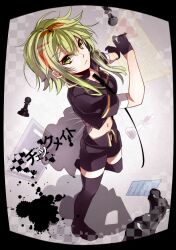  bad_id bad_pixiv_id black_shorts black_thighhighs board_game chess commentary_request female goggles goggles_on_head green_eyes green_hair gumi hatsuko looking_at_viewer looking_up photoshop_(medium) short_hair shorts solo song_name thighhighs vocaloid 