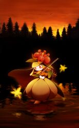  bow_(music) bug butterfly commentary_request flower highres holding holding_bow_(music) instrument lake lilligant monster_girl music outdoors plant_girl playing_instrument pokemon pokemon_(creature) ribero sunset violin water 