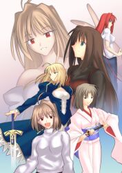  6+girls aged_up ahoge aozaki_aoko archetype_earth arcueid_brunestud artoria_pendragon_(fate) blonde_hair blue_eyes breasts brown_eyes brown_hair commentary_request company_connection crossover dress dual_persona fate/stay_night fate_(series) green_eyes hair_down japanese_clothes kara_no_kyoukai katana kimono long_hair mahou_tsukai_no_yoru medium_breasts multiple_girls parody photoshop_(medium) red_eyes red_hair ryougi_shiki saber_(fate) shoori_(migiha) style_parody sword takeuchi_takashi_(style) teenage tsukihime type-moon weapon 