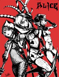  3girls alice:_madness_returns alice_in_wonderland american_mcgee&#039;s_alice card_guards doll dolls executioner horns multiple_girls red_background rule_63 