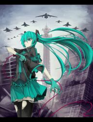  aircraft airplane alternate_legwear aqua_eyes aqua_hair commentary_request f-15_eagle f-16_fighting_falcon f-4_phantom_ii female fighter_jet gloves hatsune_miku jet kawasaki_t-4 koi_wa_sensou_(vocaloid) letterboxed long_hair megaphone military military_vehicle solo thighhighs torn_clothes torn_thighhighs tower tsuizi very_long_hair vocaloid 