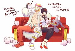  1boy bad_id bad_pixiv_id banette black_hair bob_cut clefairy coat couch doll facial_hair facial_mark female fingerless_gloves fur_coat gloves goatee hairband jake_martinez kriem lipstick makeup multicolored_hair open_clothes open_coat orange_hair pink_hair pokemon pokemon_(creature) prosthesis prosthetic_leg short_hair sitting tattoo tiger_&amp;_bunny two-tone_hair yui_(kari) 