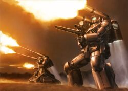  1970s_(style) 1980s_(style) artist_request battle cannon dust firing gun guncannon gundam guntank highres mecha mobile_suit_gundam mountain no_humans realistic retro_artstyle rifle robot science_fiction smoke war weapon 