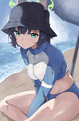  absurdres animal_ears beach beach_umbrella blue_archive blush breasts bucket_hat commentary_request fake_animal_ears female halo hat higashiwun_izumi highres indian_style long_sleeves looking_at_viewer medium_breasts official_alternate_costume outdoors purple_hair rabbit_ears raglan_sleeves rash_guard saki_(blue_archive) saki_(swimsuit)_(blue_archive) short_hair sitting solo umbrella 