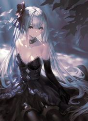  black_dress black_gloves blue_eyes blush breasts choker cleavage dress elbow_gloves female garuku gloves highres large_breasts leaf long_hair looking_at_viewer smile solo strapless strapless_dress very_long_hair white_hair 