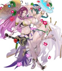  2girls armpits bare_shoulders bikini bracelet braid breasts cleavage fire_emblem fire_emblem_heroes flower full_body gold_trim green_hair hair_ornament halterneck hand_fan hat hibiscus high_heels highleg highleg_bikini highres holding instrument jewelry large_breasts leg_up loki_(fire_emblem) loki_(summer)_(fire_emblem) long_hair maeshima_shigeki multiple_girls navel non-web_source official_art open_mouth parted_lips purple_eyes purple_hair sandals shiny_skin shoes single_braid single_shoe stomach swimsuit thighs thorr_(fire_emblem) thorr_(summer)_(fire_emblem) toeless_footwear torn_clothes transparent_background ukulele 