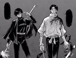  1boy arm_up bandage_over_one_eye belt blank_speech_bubble blood blood_on_clothes blood_on_face burn_scar capelet closed_mouth cowboy_shot female greyscale high-waist_pants high_collar highres holding holding_polearm holding_sword holding_weapon jacket jujutsu_kaisen katana long_sleeves looking_at_viewer maga_(comicfans100) monochrome okkotsu_yuuta pants pointing pointing_at_self polearm scabbard scar sheath short_hair smile speech_bubble spoilers standing sword weapon zen&#039;in_maki 