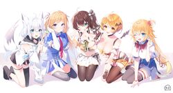  1st_generation_(hololive) 5girls :d ;d absurdres akai_haato akai_haato_(1st_costume) aki_rosenthal aki_rosenthal_(1st_costume) animal_ears black_thighhighs blonde_hair blush breasts brown_hair brown_pantyhose cleavage fox_ears fox_girl frilled_sleeves frills heart heart_hands highres hololive kio_is_here kneeling large_breasts long_hair looking_at_viewer multiple_girls natsuiro_matsuri natsuiro_matsuri_(1st_costume) one_eye_closed open_mouth pantyhose seiza shirakami_fubuki shirakami_fubuki_(1st_costume) short_hair sitting smile thighhighs virtual_youtuber white_hair yozora_mel yozora_mel_(2nd_costume) zettai_ryouiki 