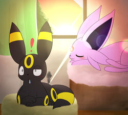  3_toes :&lt; :3 ambiguous_gender bed big_ears black_body black_ears black_fur black_inner_ear black_nose black_tail bodily_fluids burning canid cheek_tuft closed_eyes colored curtains day detailed_background digital_media_(artwork) drooling duo ear_markings eeveelution espeon exclamation_point eyebrows facial_markings facial_tuft feet felid feral forehead_gem forehead_markings forked_tail front_view fur furniture gem generation_2_pokemon head_markings hi_res inside kemono kenikenikeke leg_markings light light_beam lying mammal markings monotone_body monotone_fur monotone_tail multicolored_body multicolored_ears multicolored_fur multicolored_tail nintendo on_bed on_front paws pink_body pink_ears pink_fur pink_tail pokemon pokemon_(species) quadruped raised_eyebrow ring_(marking) ringed_tail saliva side_view sky sleeping smoke striped_markings striped_tail stripes sun sunlight sunrise surprise tail tail_markings toes tuft two_tone_body two_tone_ears two_tone_fur two_tone_tail umbreon unusual_anatomy unusual_tail window yellow_body yellow_ears yellow_fur yellow_markings yellow_tail 