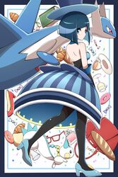  absurdres bare_shoulders battle_chatelaine black_gloves black_pantyhose blue_dress blue_eyes blue_hair blue_headwear candy candy_wrapper commentary_request croissant cup doughnut dress elbow_gloves evelyn_(pokemon) female food glass gloves hat high_heels highres latios pachirisu pantyhose pokemon pokemon_(creature) pokemon_xy saucer shabana_may teacup top_hat wrapped_candy 