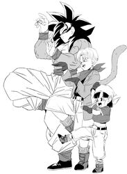  2boys bandana belt body_fur boots coat commentary denim dragon_ball dragon_ball_gt female from_side full_body gloves greyscale jeans leg_up martial_arts_belt midriff monochrome multiple_boys navel pan_(dragon_ball) pants parody rom_(20) scarf shirt shorts son_goku standing standing_on_one_leg super_saiyan super_saiyan_4 t-shirt tail trunks_(dragon_ball) wristband yotsubato! yotsubato!_pose 