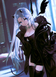  black_dress black_horns black_jacket blue_eyes blush breasts cleavage demon_horns demon_tail dress female garuku highres horns jacket large_breasts long_hair looking_away pointy_ears railing solo standing tail very_long_hair white_hair 